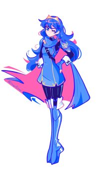 1girl absurdres artist_name black_pants blue_boots blue_cape blue_eyes blue_gloves blue_hair boots cape commentary dizzyisdizzy english_commentary fingerless_gloves fire_emblem fire_emblem_awakening full_body gloves hands_on_own_hips highres knee_boots long_hair looking_at_viewer lucina_(fire_emblem) nintendo one_eye_closed pants simple_background solo white_background wrist_cuffs