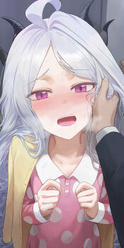 Rule 34 | 1boy, 1girl, absurdres, ahoge, black hair, blue archive, cardigan, cardigan on shoulders, commentary request, dot nose, hand on another's cheek, hand on another's face, heavy breathing, highres, hina (blue archive), hina (pajamas) (blue archive), junmin, long sleeves, looking at viewer, official alternate costume, open mouth, pajamas, pink pajamas, pov, pov hands, purple eyes, sensei (blue archive), sweat, white hair, yellow cardigan