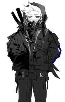 Rule 34 | 1boy, alternate costume, animification, bad id, bad twitter id, cowboy shot, eddsworld, hands in pockets, highres, hollow eyes, hood, hood up, inactive account, jacket, jitome, katana, long sleeves, male focus, mask, monochrome, mouth mask, nana (ebitokanimiso), open clothes, open jacket, open mouth, painttool sai (medium), pants, short hair, shoulder strap, simple background, sketch, solo, spiked hair, standing, strap, sword, sword on back, techwear, tom (eddsworld), weapon, weapon on back, white background