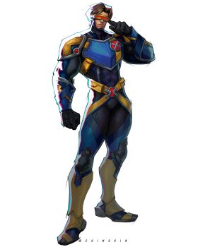 Rule 34 | 1boy, absurdres, adapted costume, adjusting eyewear, armor, blue armor, blue bodysuit, bodysuit, brown hair, clenched hand, commentary, commission, covered abs, cyclops (x-men), english commentary, full body, hand on eyewear, head-mounted display, highres, knee pads, male focus, marvel, marvel rivals, marvel rivals (style), muscular, muscular male, parted hair, red-tinted eyewear, scott summers, shim0rin, solo, superhero costume, tinted eyewear, twitter username, white background, x-men