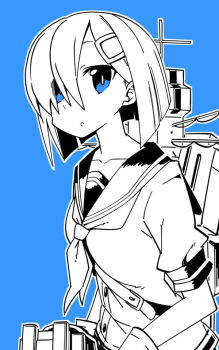 Rule 34 | 1girl, blue background, blue eyes, breasts, commentary, gloves, greyscale with colored background, hair between eyes, hair ornament, hair over one eye, hairclip, hamakaze (kancolle), kantai collection, looking at viewer, medium breasts, mizumi (artist), monochrome, neckerchief, parted lips, rigging, sailor collar, school uniform, serafuku, short hair, short sleeves, simple background, solo, spot color, upper body