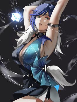 1girl armlet armpits arms_up blue_dress blue_hair dice dress eyeshadow genshin_impact green_eyes highres jewelry looking_at_viewer makeup notgustiarp official_alternate_costume short_hair sleeveless sleeveless_dress solo yelan_(genshin_impact) yelan_(tranquil_banquet)_(genshin_impact)