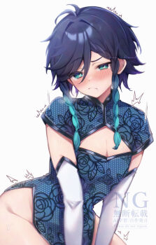 1boy absurdres aqua_hair black_hair blue_dress blush braid china_dress chinese_clothes closed_mouth clothing_cutout crossdressing crossdressing_(mtf) dress genshin_impact gradient_hair hair_between_eyes highres male_focus momochiwood multicolored_hair short_hair_with_long_locks solo twin_braids venti_(genshin_impact) white_sleeves