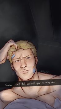 1boy bandaid bandaid_on_cheek bandaid_on_face bara blonde_hair caption cheekbones don't_kill_yourself_you're_so_sexy_(meme) english_text hand_in_own_hair highres looking_at_viewer male_focus meme muscular muscular_male photo-referenced reiner_braun shingeki_no_kyojin short_hair solo sunver1318 tsurime upper_body