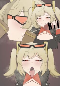 1boy 1girl bar_censor black-framed_eyewear black_jacket black_shirt blonde_hair blush breasts burnice_white censored cleavage close-up closed_mouth cum cum_in_container cum_on_body dot_nose ejaculation facial from_above from_side gokkun gradient_background half-closed_eyes handjob hetero jacket large_breasts licking_lips long_sleeves looking_at_penis looking_at_viewer looking_up medium_hair mihoyo multiple_views naughty_face open_clothes open_jacket open_mouth orange-tinted_eyewear penis_close_to_face portrait purple_background quinoa red_eyes red_shrug shirt shrug_(clothing) simple_background smile sunglasses sunglasses_on_head swallowing tinted_eyewear tongue tongue_out twintails upper_body uvula zenless_zone_zero