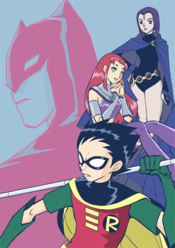 2boys 2girls batman belt black_hair boots bruce_wayne cape dc_comics dick_grayson father_and_son gloves green_eyes leotard long_hair mask midriff multiple_boys multiple_girls purple_hair raven_(dc) red_hair robin_(dc) short_hair skirt staff starfire teen_titans thigh_boots thighhighs vambraces