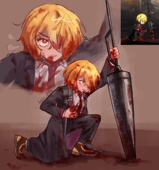 1girl artist_name bean_dobe black_coat bleeding blonde_hair blood blood_from_mouth blood_on_clothes blood_on_face brown_background brown_footwear coat commentary defeat don_quixote_(project_moon) english_commentary full_body hair_over_one_eye hand_on_own_chest highres holding holding_polearm holding_weapon injury lance limbus_company necktie on_one_knee planted polearm project_moon red_necktie reference_inset serious simple_background spoilers weapon yellow_eyes zoom_layer