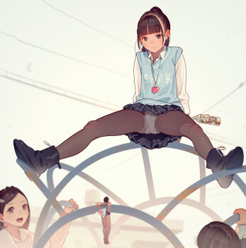 1boy 3girls absurdres age_difference black_footwear black_hair black_skirt blue_sweater_vest blunt_bangs boots brown_eyes brown_hair brown_pantyhose closed_mouth collared_shirt commentary_request english_text heart heart_necklace highres jewelry loli mini_person miniboy muk_(monsieur) multiple_girls necklace open_mouth original panties panties_under_pantyhose pantyhose polka_dot polka_dot_skirt ponytail shirt shoe_soles sidelocks skirt smile speech_bubble spread_legs sweater_vest textless_version undershirt underwear white_shirt