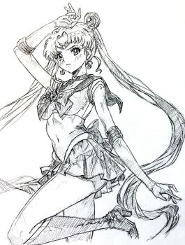 1girl absurdres bishoujo_senshi_sailor_moon boots bow bowtie breasts choker circlet covered_navel crescent crescent_earrings double_bun earrings elbow_gloves gloves greyscale hair_bun heart heart_choker high_heel_boots high_heels highres i4teruz jewelry knee_boots long_hair magical_girl miniskirt monochrome pleated_skirt sailor_collar sailor_moon sailor_senshi sailor_senshi_uniform sketch skirt solo standing standing_on_one_leg tsukino_usagi twintails