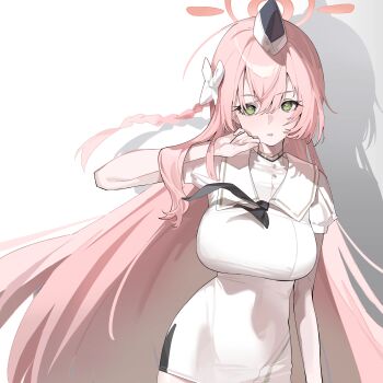 1girl absurdres black_necktie blue_archive bow braid breasts covered_navel dress garrison_cap green_eyes hair_between_eyes hair_bow halo hanako_(blue_archive) hat highres large_breasts necktie official_alternate_costume pink_hair pink_halo sailor_collar shuishi_tidu simple_background single_braid solo utnapishtim_operator_uniform_(blue_archive) white_dress white_sailor_collar