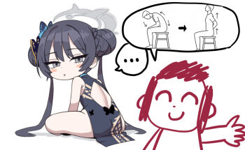 ... 1boy 1girl back_cutout black_dress black_hair blue_archive blush_stickers braid braided_bun butterfly_hair_ornament china_dress chinese_clothes clothing_cutout commentary_request diamond_cutout doodle_sensei_(blue_archive) double_bun dragon_print dress hair_bun hair_ornament halo highres jitome kisaki_(blue_archive) korean_commentary long_hair looking_at_another neugneugsusu sensei_(blue_archive) simple_background sitting sleeveless sleeveless_dress spoken_ellipsis thighs twintails very_long_hair white_background