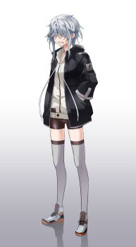 1girl bike_shorts highres jacket sharp_teeth shiro_maru short_hair shorts simple_background tagme teeth vampire