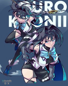 1girl :/ black_gloves black_hair black_shirt black_skirt black_sleeves black_thighhighs blue_background blue_bow blue_bowtie blue_eyes blue_gemstone blue_shoes bow bow_earrings bowtie breasts chain chain_headband character_name charging_forward closed_mouth clothing_cutout cloumello commentary cropped_legs detached_sleeves dual_wielding earrings english_commentary floating_hair gem gloves hair_between_eyes hair_intakes halo hand_on_own_hip heart-shaped_gem highres holding holding_sword holding_weapon hololive hololive_english instagram_logo jewelry large_breasts leaning_forward looking_at_viewer looking_to_the_side mechanical_halo motion_blur multiple_views ouro_kronii ouro_kronii_(1st_costume) outstretched_arms pinstripe_pattern pinstripe_shirt pinstripe_skirt shirt shoes sideways_glance skirt sleeveless sleeveless_shirt spread_arms sword text_background thighhighs twitter_username twitter_x_logo underboob_cutout veil virtual_youtuber weapon white_shirt white_veil