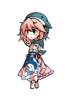 1girl animal_print apron arms_behind_back blue_apron boots chibi chibi_only collared_shirt commentary_request dairi fish_print frilled_skirt frills full_body large_variant_set long_sleeves ofuda ofuda_on_clothes okunoda_miyoi pink_hair pink_skirt print_apron shirt short_hair sidelocks simple_background skirt solo standing tachi-e touhou transparent_background variant_set waist_apron whale_hat whale_print white_boots white_shirt