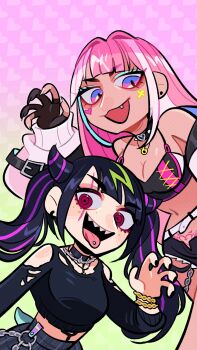 Rule 34 | 2girls, 3am, :3, abeiyuuu, aqua hair, bare shoulders, belt, black choker, black gloves, black hair, black shirt, black shorts, blunt bangs, breasts, chain, chain bracelet, choker, claw pose, cleavage, commentary, coqui saporana, crop top, dark-skinned female, dark skin, earrings, english commentary, eyelashes, facial mark, fang, fingernails, freckles, frog girl, gloves, green hair, grey skirt, hair horns, hair intakes, heart, heart facial mark, heart tattoo, highres, indie virtual youtuber, jacket, jewelry, long hair, long sleeves, mismatched eyebrows, multicolored hair, multiple girls, necklace, off shoulder, open mouth, partially fingerless gloves, piercing, pink eyes, pink hair, plaid clothes, plaid skirt, pubic tattoo, purple hair, red eyes, scar, scar across eye, scar on face, second-party source, sharp fingernails, sharp teeth, shirt, shorts, sidelocks, skirt, smile, streaked hair, tadpole tail, tail, tattoo, teeth, tongue, tongue out, tongue piercing, torn clothes, torn shirt, twintails, upper teeth only, virtual youtuber, white belt, white hair, white jacket, yfu