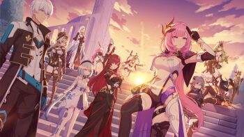 Rule 34 | 4boys, 6+girls, a-pose, absurdres, ahoge, animal ears, aponia, architecture, arm at side, armlet, armor, armpits, bad source, belt, beret, bikini, black bikini, black pants, blue eyes, blue hair, boots, bow, breasts, brooch, can (honkai impact), capelet, cat, cat girl, cat tail, chinese commentary, choker, cleavage, cleavage cutout, closed eyes, closed mouth, clothing cutout, cloud, coat, commentary request, contrapposto, copyright name, corset, cowboy shot, cropped jacket, cropped shirt, crossed arms, crossed bangs, cuff links, dress, dress bow, earrings, eden (honkai impact), elbow gloves, elf, elysia (honkai impact), elysia (miss pink elf) (honkai impact), epaulettes, everyone, faulds, flower, fu hua, fu hua (shadow knight), gloves, gradient sky, grey hair, griseo, griseo (starry impression), groin, hair flaps, hair flower, hair intakes, hair ornament, halter dress, halterneck, hand on own chest, hands on own face, hands on own hips, hat, headdress, high collar, highres, hobble dress, honkai (series), honkai impact 3rd, horns, jewelry, kalpas (honkai impact), kevin kaslana, kosma, lace, lace-trimmed dress, lace trim, leaning forward, lens flare, light rays, light smile, long dress, long hair, long sleeves, mask, miniskirt, mobius (honkai impact), multiple boys, multiple girls, nun, official art, official wallpaper, outdoors, outstretched arms, overcoat, pants, pardofelis, pardofelis (reverist calico), pelvic curtain, perspective, pink hair, pointy ears, poncho, ponytail, puffy sleeves, purple eyes, red hair, salute, scabbard, serious, sheath, shorts, shoulder pads, side slit, sidelocks, single elbow glove, sitting, sitting on stairs, skirt, sky, stairs, standing, su (honkai impact), sunbeam, sunlight, sunset, swimsuit, tabard, tail, thigh boots, thigh strap, thighhighs, thirteen flame-chasers (honkai impact), top hat, tree, turtleneck, two-finger salute, vambraces, veil, vill-v, waist cape, white hair, wide sleeves, yae sakura, yae sakura (goushinnso memento), yellow eyes