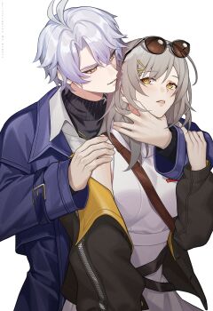 1boy 1girl absurdres alternate_eye_color antenna_hair arm_around_neck artist_name black_jacket black_sweater blue_jacket commentary commission cowboy_shot dress english_commentary eyewear_on_head facing_viewer grey_hair hand_on_another&#039;s_shoulder hand_on_another&#039;s_wrist hetero highres honkai:_star_rail honkai_(series) jacket long_hair long_sleeves looking_at_another looking_back official_alternate_costume parted_lips phainon_(honkai:_star_rail) phainon_(luckin_coffee)_(honkai:_star_rail) pluvio second-party_source shirt short_hair simple_background single_off_shoulder stelle_(honkai:_star_rail) stelle_(world_tour_2023)_(honkai:_star_rail) sunglasses sweater trailblazer_(honkai:_star_rail) white_background white_dress white_hair white_shirt yellow_eyes