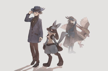 Rule 34 | 2boys, absurdres, blue coat, blue hat, boots, coat, commentary request, gen 1 pokemon, gen 4 pokemon, gloves, grey background, hand up, hat, highres, ichi kawa ichi, jewelry, lucario, male focus, multiple boys, necklace, nintendo, pants, pidgeot, pokemon, pokemon: lucario and the mystery of mew, pokemon (anime), pokemon (creature), pokemon dppt, pokemon rse (anime), riley (pokemon), shirt, shoes, sir aaron, standing