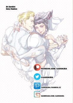 1boy 1girl aarokira absurdres blonde_hair carrying carrying_person cody_travers collar cuffs detached_sleeves dress fanbox_logo fanbox_username formal_clothes gumroad_logo gumroad_username han_juri handcuffs hetero highres https://www.aarokira.com/posters hug jacket looking_at_viewer looking_back muscular muscular_male non-web_source patreon_logo patreon_username red_nails smile spiked_collar spikes street_fighter street_fighter_v suit toned toned_female torn_clothes twitter_logo twitter_username veil vest wedding_dress wedding_suit white_jacket white_vest