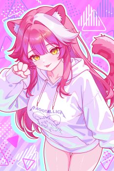 1girl absurdres animal_ears character_print chattino_(raora_panthera) commentary english_commentary finn_flint highres hololive hololive_english hood hoodie logo_parody long_hair looking_at_viewer metallica panther_ears panther_girl panther_tail paw_pose pink_background pink_hair raora_panthera solo tail tongue tongue_out virtual_youtuber white_hoodie white_streaks yellow_eyes