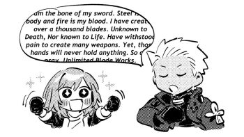 Rule 34 | 1boy, 1girl, archer (fate), archer (honkai: star rail) (fate), blush, chibi, commentary, fate/stay night, fate/unlimited blade works, fate (series), happy, monochrome, oneroom-disco, simple background, smile, speech bubble, stelle (honkai: star rail), symbol-only commentary, trailblazer (honkai: star rail), unlimited blade works (reality marble), white background