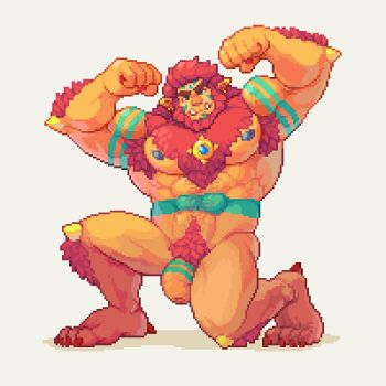 1boy abs armpit_hair armpits bara beard body_markings body_modification chest_jewel colored_skin completely_nude cyborc_(retrosharkspike) cyborg double_biceps_pose earrings facial_hair flaccid flexing forehead_jewel full_beard huge_eyebrows jewelry large_pectorals looking_at_viewer male_focus mature_male monster_boy muscular muscular_male nipples nude on_one_knee orange_fur orc original pectorals penis pixel_art pointy_ears short_hair solo stomach strongman_waist that_pixel_oni_(ozuron) thick_beard tusks uncensored yellow_skin