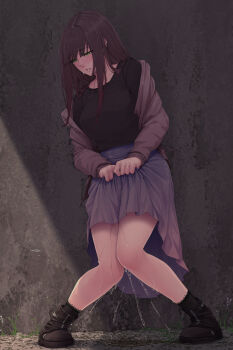 1girl black_boots black_shirt black_socks blunt_bangs blush boots breasts brown_hair brown_jacket clenched_teeth clothes_lift collarbone day female_focus full_body grass green_eyes half-closed_eyes highres jacket knees_together_feet_apart kokomachi lifting_own_clothes long_hair medium_breasts off_shoulder open_clothes open_jacket original outdoors own_hands_together pee peeing peeing_self pigeon-toed puddle purple_skirt shirt sidelocks skirt skirt_lift socks solo standing sweat teeth