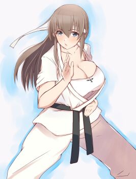 belt black_belt blue_eyes blush breasts brown_hair cleavage dead_or_alive dougi hairband highres himitsu_asakura hitomi_(doa) karate_gi large_breasts long_hair open_mouth sidelocks tank_top white_hairband white_tank_top