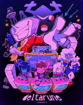 ant_tenna cat_mike_(deltarune) cowboy_hat_mike crt deltarune elnina_(deltarune) gloves green_pippins highres kris_(dark_world)_(deltarune) kris_(deltarune) lanino_(deltarune) multiple_boys necktie object_head pippins_(deltarune) pointy_nose ralsei roaring_knight rouxls_kaard shadowguy_(deltarune) shio_tou shirt small_mike_(deltarune) smile susie_(dark_world)_(deltarune) susie_(deltarune) tv_world_(deltarune) utdr_(toby_fox) white_gloves yellow_necktie zapper_(deltarune)