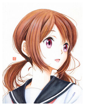 Rule 34 | 1girl, black sailor collar, brown hair, commentary request, hair tie, neckerchief, open mouth, ponytail, red neckerchief, sailor collar, school uniform, serafuku, shirt, solo, takano chizuru, tsurezure children, white shirt, y takeshinu wan