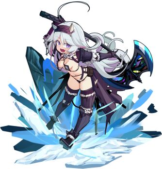 1girl :d absurdres ahoge armor axe battle_axe bikini_armor boots breasts fang full_body gauntlets highres holding holding_axe long_hair looking_at_viewer navel open_mouth original purple_eyes revealing_clothes skin_fang small_breasts smile solo thigh_boots vambraces weapon white_background white_hair zhuma
