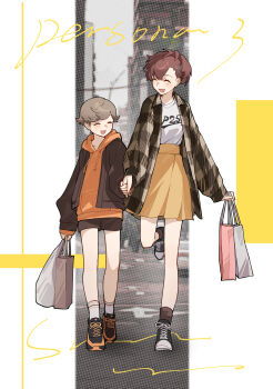 1boy 1girl absurdres amada_ken bag blush brown_hair brown_jacket brown_shorts brown_socks closed_eyes copyright_name eca_leaf hair_ornament hairclip highres holding_hands hood hoodie jacket long_sleeves open_clothes open_jacket open_mouth orange_jacket orange_skirt persona persona_3 persona_3_portable print_shirt shiomi_kotone shirt shoes shopping_bag short_hair shorts skirt smile sneakers socks unmoving_pattern village_vanguard white_socks