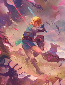 1boy absurdres battle blue_eyes blue_tunic commentary earrings grass guardian_(zelda) highres holding holding_shield holding_sword holding_weapon jewelry laser laser_pointer laser_pointer_projection light_brown_hair link master_sword mozer_(zerlinda) nintendo pointy_ears ponytail shield short_ponytail sky sword the_legend_of_zelda the_legend_of_zelda:_breath_of_the_wild tunic weapon