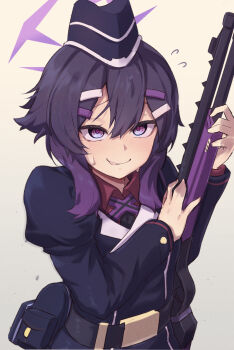 1girl belt black_jacket blue_archive collared_shirt commentary_request fabarm_fp6 flying_sweatdrops garrison_cap gun hair_between_eyes hair_ornament hairclip halo haruka_(blue_archive) hat highres holding holding_gun holding_weapon jacket konntena long_sleeves looking_at_viewer pump_action purple_eyes purple_hair purple_halo red_shirt shirt shotgun simple_background smile solo sweatdrop upper_body weapon yellow_background