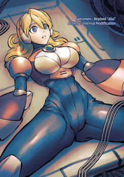 1girl alia_(mega_man) android blonde_hair blue_eyes breasts cable chest_jewel commentary empty_eyes english_commentary english_text female_focus highres large_breasts lying mega_man_(series) mega_man_x_(series) minster_(dooke) on_back parted_lips radio_antenna solo spread_legs static