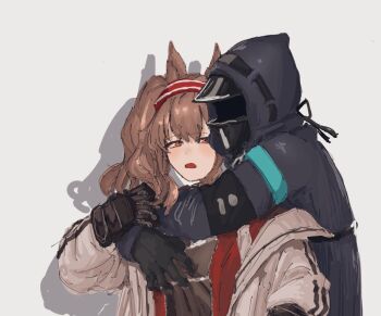 1girl 1other ambiguous_gender angelina_(arknights) animal_ears arknights black_coat black_gloves blush breasts brown_hair coat commentary_request d: doctor_(arknights) dot_nose fox_ears gloves grabbing_another's_breast groping hairband hand_on_another's_hand hood hood_up hooded_coat hug hug_from_behind jacket kanuluillust medium_hair molestation open_clothes open_coat open_jacket open_mouth red_eyes red_hairband red_jacket shadow simple_background small_breasts striped_clothes striped_hairband twintails two-tone_hairband unzipped upper_body white_background white_coat