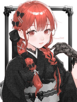 Rule 34 | 1girl, beads, black bow, black gloves, black kimono, black ribbon, border, bow, braid, braided twintails, closed mouth, commentary request, cross hair ornament, double-parted bangs, expressionless, floral print, floral print kimono, gloves, hair behind ear, hair bow, hair ornament, hair ribbon, hairclip, hand up, highres, japanese clothes, kimono, lace, lace-trimmed kimono, lace gloves, lace trim, light blush, long hair, looking at viewer, low twintails, nozawa (nooo1709), obi, obiage, obijime, original, ornate, outside border, print kimono, red eyes, red hair, ribbon, sash, solo, twin braids, twintails, twitter username, watermark, white background, white ribbon