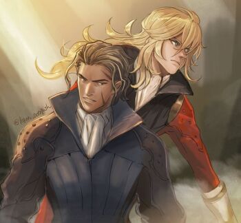 2boys androgynous blonde_hair brown_hair closed_mouth commentary_request erhardt_(octopath_traveler) floating_hair green_eyes long_hair male_focus mature_male multiple_boys octopath_traveler octopath_traveler_i olberic_eisenberg regan_(hatsumi) scar scar_on_face standing wavy_hair