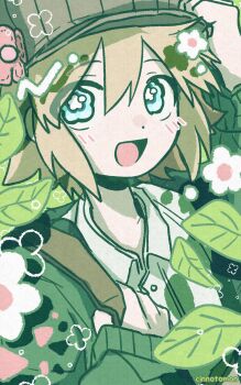 1boy :d absurdres adjusting_clothes adjusting_headwear arm_up artist_name basil_(birthday)_(omori) basil_(faraway)_(omori) basil_(omori) blonde_hair blue_eyes blush_stickers bright_pupils brown_hat buttons cardigan cinnotomon collared_shirt commentary double-parted_bangs film_grain flower flower-shaped_pupils green_background green_cardigan hair_between_eyes hand_up hat highres leaf long_sleeves male_focus official_alternate_costume omori open_cardigan open_clothes open_mouth puffy_long_sleeves puffy_sleeves shirt short_hair sidelocks simple_background sleeves_past_wrists smile solo symbol-only_commentary symbol-shaped_eyes symbol-shaped_pupils upper_body white_flower white_pupils white_shirt