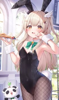 1girl alternate_costume amatsuna_sasaha animal_ears blurry blurry_background blush breasts brown_eyes brown_hair cleavage collarbone fake_animal_ears food highres indie_virtual_youtuber looking_at_viewer open_mouth panda pantyhose plate playboy_bunny small_breasts solo tyabesu virtual_youtuber window