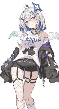 1girl absurdres ahoge amane_kanata amane_kanata_(cutesy_punk) angel angel_wings arms_at_sides asymmetrical_legwear black_choker black_jacket black_shorts blue_halo blush breasts choker closed_mouth colored_inner_jacket commentary crossed_bangs double-parted_bangs feet_out_of_frame fishnets grey_hair hair_between_eyes halo highres hololive jacket jacket_partially_removed light_frown long_bangs long_sleeves looking_at_viewer medium_hair off-shoulder_shirt off_shoulder official_alternate_costume official_alternate_hairstyle print_shirt scarlet_(wv0102) shirt short_shorts short_sleeves shorts simple_background single_bare_shoulder single_off_shoulder small_breasts solo standing star_halo symbol-only_commentary virtual_youtuber white_background white_shirt wings