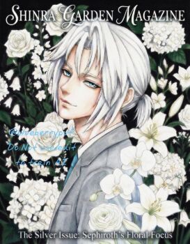 1boy aqua_eyes aqua_necktie character_name closed_mouth collared_shirt commentary cover english_commentary english_text final_fantasy final_fantasy_vii final_fantasy_vii:_ever_crisis floral_background flower grey_hair grey_jacket hair_between_eyes hair_tie highres jacket light_smile magazine_cover male_focus monsterbf1ilove necktie parted_bangs ponytail rose sephiroth sephiroth_(ever_crisis) shirt short_hair short_ponytail slit_pupils solo upper_body white_flower white_rose white_shirt