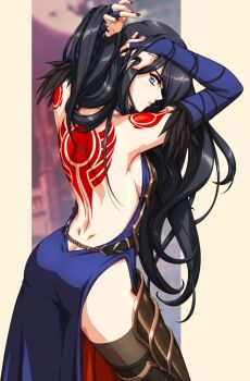 1990s_(style) 1girl adjusting_hair armor armored_boots arms_behind_head arms_up ass back_tattoo backless_outfit bare_back bare_shoulders black_hair blue_bridal_gauntlets blue_eyes boots breastplate breasts bridal_gauntlets butt_crack castlevania:_order_of_ecclesia castlevania_(series) dimples_of_venus dress faulds from_behind hair_lift hand_in_own_hair hands_in_own_hair holding_own_hair long_hair looking_back retro_artstyle shanoa_(castlevania) shoulder_tattoo side_slit sirknightbot solo tattoo thigh_boots thighhighs very_long_hair