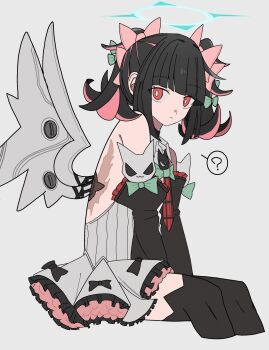 Rule 34 | 1girl, ?, black hair, black thighhighs, blunt bangs, bow, colored inner hair, commentary, detached sleeves, dress, frilled dress, frills, hair bow, halo, highres, looking at viewer, mechanical wings, multicolored hair, niupum, pink hair, red eyes, rokudu sariel, sitting, thighhighs, twintails, wings, zenless zone zero