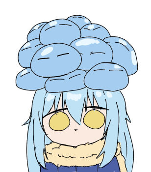1girl 6+others blue_hair blue_jacket chocoeiru closed_mouth commentary_request doodles expressionless fur_scarf jacket long_hair multiple_others on_head portrait rimuru_tempest rimuru_tempest_(slime) simple_background slime_(creature) slime_on_head tensei_shitara_slime_datta_ken time_paradox white_background yellow_eyes