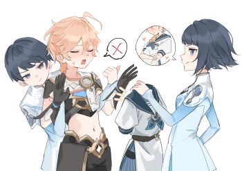 1girl 2boys aether_(genshin_impact) ahoge black_eyes black_gloves black_hair blonde_hair blue_dress blue_sailor_collar blue_shirt blush braid breasts brown_pants brown_shirt closed_eyes closed_mouth commentary_request cowboy_shot crop_top dress elbow_gloves genshin_impact gloves hair_between_eyes highres holding holding_unworn_clothes holding_unworn_dress imminent_forced_dressing long_hair long_sleeves looking_at_another manekin_(genshin_impact) manekina_(genshin_impact) midriff multiple_boys navel nihon_no_hentai open_mouth pants sailor_collar sailor_dress scarf shirt short_hair short_sleeves sidelocks simple_background single_braid small_breasts smile spoken_x standing sweat unworn_dress white_background white_dress white_scarf