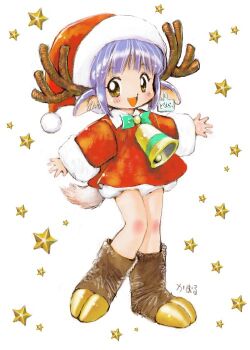 1girl animal_ear_fluff animal_ears antlers bad_id bell bloomers blue_hair boots bow bowtie brown_boots brown_eyes christmas deer_ears deer_tail dress ear_tag fur-trimmed_dress fur-trimmed_headwear fur_boots fur_trim green_bow green_bowtie hat horns looking_at_viewer open_mouth original red_dress red_hat reindeer_antlers reindeer_girl santa_costume santa_hat short_dress short_hair signature smile solo star_(symbol) star_symbol_background tail teeth tsuzuki_kazuhiko underwear upper_teeth_only white_bloomers wide_sleeves