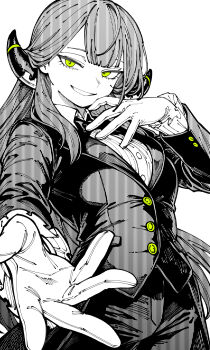 1girl absurdres aru_(blue_archive) blue_archive breasts buttons formal_clothes gloves green_eyes greyscale grin highres horns kani_ka_nanika long_hair monochrome pants problem_solver_68_(blue_archive) shirt simple_background smile solo suit