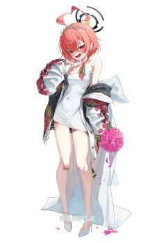 1girl absurdres ahoge alternate_costume bandaid bandaid_on_knee bandaid_on_leg bare_shoulders blue_archive blush bouquet braid commentary dress flower full_body hair_between_eyes halo hand_up high_heels highres holding holding_bouquet jacket looking_at_viewer neru_(blue_archive) open_clothes open_jacket open_mouth orange_hair pink_flower pink_rose red_eyes rose rosu_1109 shoes short_hair simple_background solo standing strapless strapless_dress v-shaped_eyebrows white_background white_dress white_shoes