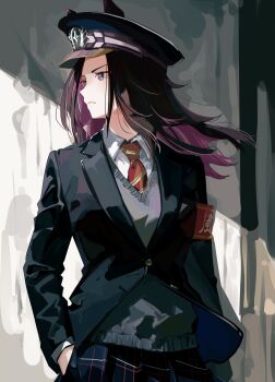 Rule 34 | 1girl, absurdres, animal ears, armband, black hair, black jacket, closed mouth, collared shirt, commentary request, ears through headwear, fenomeno (umamusume), flipped hair, grey sweater vest, hat, highres, horse ears, horse girl, jacket, long hair, long sleeves, looking to the side, multicolored hair, necktie, peaked cap, plaid clothes, plaid skirt, purple eyes, purple hair, red armband, red necktie, shirt, skirt, sweater vest, umamusume, white shirt, yoojp